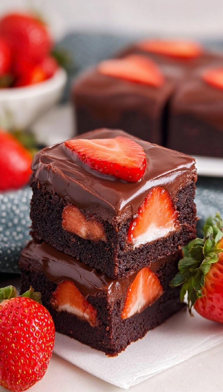 Brownies with Whipped Chocolate Frosting and Strawberries